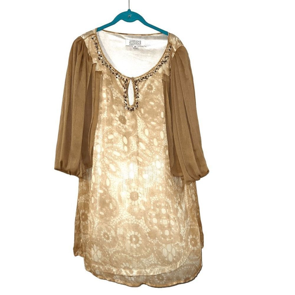 American glamour Badgley Mischka split sleeve beaded sheer lined top